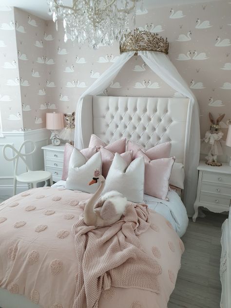 Swan wallpaper crown canopy by @potterybarnkidsuk with panneling  white Girl Room Inspiration, Big Girl Bedrooms, Toddler Girl Room, Princess Bedroom, Bedroom Images, Girl Bedrooms, Toddler Bedroom, Dekorasi Kamar Tidur, Princess Room