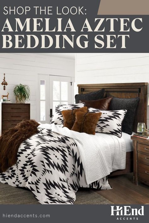 Transform your bedroom into a cozy, stylish oasis with the Amelia Aztec Comforter Set by HiEnd Accents. Featuring a bold aztec design in warm, earthy tones, this comforter set brings a touch of boho-chic to your space. Made from the highest-quality materials it provides the perfect combination of comfort and durability. Elevate your sleep experience with this chic and cozy comforter set, available now from HiEnd Accents. #homedecor #beddingset #pillowshams #bedroomdecor #bedroomstyling Aztec Comforter, Aztec Bedding, Modern Rustic Bedrooms, Bed Ensemble, Symmetrical Pattern, Modern Rustic Homes, Modern Monochrome, Aztec Design, Rustic Living