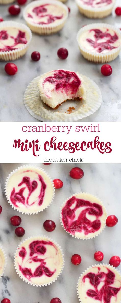 cranberry-swirl-mini-cheesecakes Imbolc Recipes, Biscotti Cheesecake, Savory Cakes, Cranberry Cheesecake, Christmas Cheesecake, Cheesecake Mini, Cranberry Cream Cheese, Cranberry Muffins, Types Of Desserts