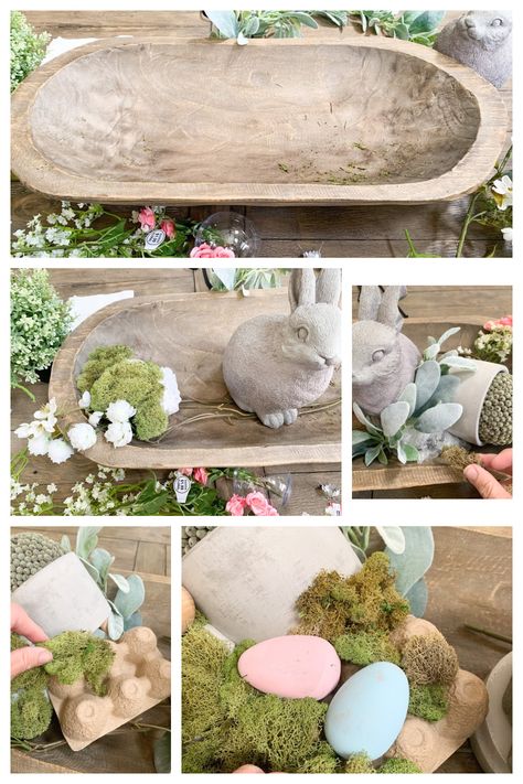 Wooden Bread Bowl Centerpiece Decorating Ideas, Coastal Dough Bowl Decor, Easter Dough Bowl Ideas, Easter Dough Bowl Centerpiece, Spring Dough Bowl Ideas, Easter Dough Bowl Decor, Decorating A Dough Bowl, Spring Dough Bowl Decor, Dough Bowl Centerpiece Ideas