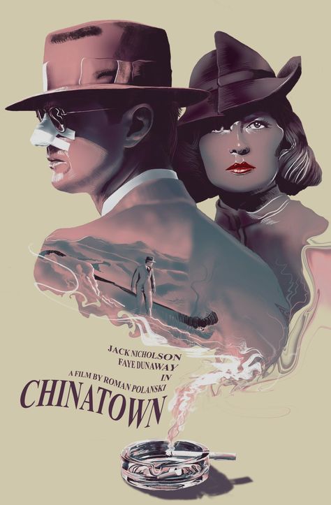 CHINATOWN (1974) poster design by Chris Miller Chinatown 1974, Chris Miller, Tv Covers, Faye Dunaway, Roman Polanski, Alternative Art, Thriller Movies, Jack Nicholson, Movie Art