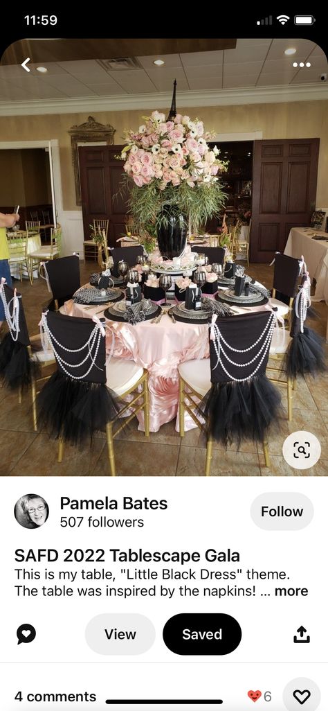 Audrey Hepburn Party Ideas, Pink And Black Paris Theme Party, Fashion Theme Party Ideas, Paris Theme Table Decor, Parisian Themed Party Table Settings, Paris Theme Table Setting, Sweet 16 Table Setting, Designer Party Theme, Chanel Quinceanera Theme