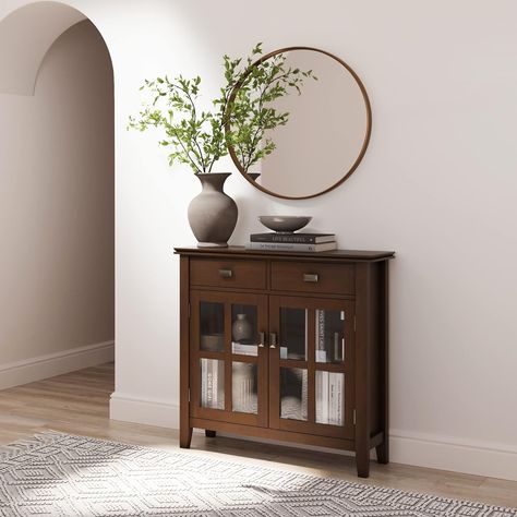 SIMPLIHOME Artisan SOLID WOOD 36 Inch Wide Contemporary Entryway Storage Cabinet in Russet Brown, For the Living Room, Entryway and Family Room. #CommissionsEarned Entryway Cabinet Decor, Entryway Storage Cabinet, Contemporary Entryway, Corner Ideas, Tempered Glass Door, Entryway Storage, Cabinet Decor, Furniture Deals, Functional Storage