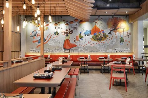 Korea Restaurant Design, Korean Restaurant Design, Korean Restaurant Interior, Indonesia Restaurant, Chinese Restaurant Interior Design, Kura Sushi, Food Mural, Chinese Restaurant Design, Chinese Cafe