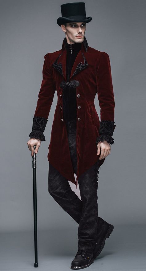 Red Vintage Gothic Swallow Tail Jacket For Men DevilNight. co. uk｜We Ship Worldwide  #gothiccoat #gothiccoats #gothicjacket #gothicjackets #tailgothicjacket#gothiccoatformen#gothictailcoat #redgothictailcoat #gothicvintagecoat #redvelvetgothiccoat #masqueradegothiccoat #redgothiccoatformen Red And Black Victorian Suit, Gothic Coat Men, Modern Vampire Outfit Men, Vampire Fashion Men, Victorian Goth Men, Mens Gothic Fashion, Black Gothic Outfit, Gothic Outfits Men, Batim Oc