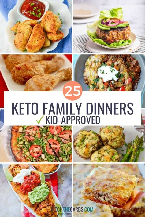 How to make family-friendly keto meals even the pickiest eaters will love. Get the family on board with your new go-to keto dinner list. All are kid-approved! From keto chicken nuggets to keto pizza, these are easy cheap meals the whole family will love. Keto Family Meal Plan, Kid Friendly Keto Recipes, Cheap Keto Meals For Family, Kid Friendly Meals For Diabetics, Family Friendly Keto Dinners, Keto Kid Friendly Recipes, Kid Friendly Keto Dinners, Thinlicious Recipes, Low Carb Kid Friendly Meals