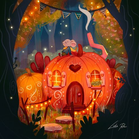 A Mouse from a pumpkin House on Behance Pumpkin Fairy House Drawing, Pumpkin House Painting, Pumpkin House Illustration, Mouse House Illustration, Cozy Illustration Art, Pumpkin House Drawing, Fairy House Drawing, Pumpkin Houses, Lamp Illustration