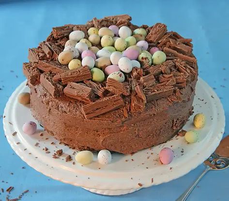 Chocolate nest cake Nest Cake, Chocolate Easter Cake, Chocolate Nests, Easter Cooking, Easter Egg Cake, Dessert Parfait, Egg Cake, Easter Baking, Easter Cake