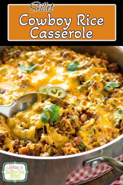 This easy Skillet Cowboy Rice Casserole is packed with flavor using both ground beef and chorizo sausage for a kick-up meal #cowboyriceskillet #chorizo #easygroundbeefrecipes #cheesyricerecipe #ricerecipes #maindish #easydinnerrecipes #southernfood Cowboy Rice, Cheesy Rice Recipes, Chorizo Recipes Dinner, Sausage And Rice Casserole, Ground Sausage Recipes, Chorizo Recipes, Rice Casserole Recipes, Rice Recipes For Dinner, Easy Skillet