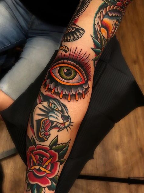 100 Best Traditional Tattoos Of All Time - TheTatt Traditional Tattoo Eye, Prison Tat, Homemade Tattoos, Traditional Tattoo Inspiration, Traditional Style Tattoo, Tattoo Filler, Tattoos Mandala, Traditional Tattoo Sleeve, Elbow Tattoos