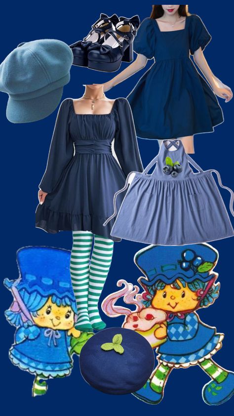 Blue dress, lighter blue apron. Striped socks and blue shoes. Blueberry themed hat Strawberry Shortcake Blueberry, Blueberry Muffin, Blue Apron, Striped Socks, Friend Outfits, Blue Berry Muffins, Strawberry Shortcake, Blue Shoes, Blue Dress