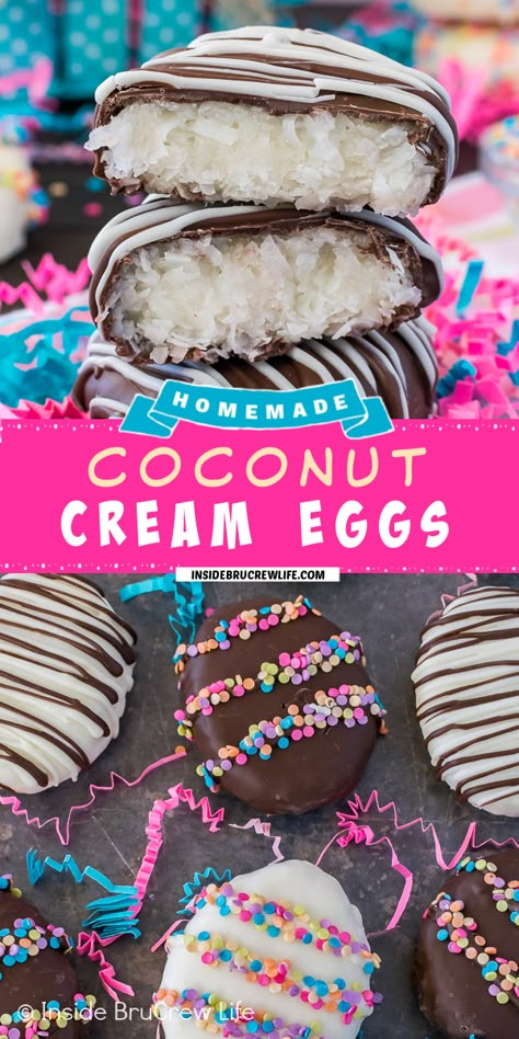 Homemade Coconut Cream Eggs are a fun and delicious treat to add to Easter celebrations this year. The filling is easy to make, and they are dipped in chocolate. You will love these coconut eggs. Fun Easter Food Ideas For Kids, Easter Candy Mold Ideas, Coconut Cream Eggs Easter, Easy Easter Candy Recipes, Easter Egg Candy Recipes, Homemade Easter Chocolates, Candy Easter Eggs, Coconut Eggs Easter, Homemade Easter Candy Recipes