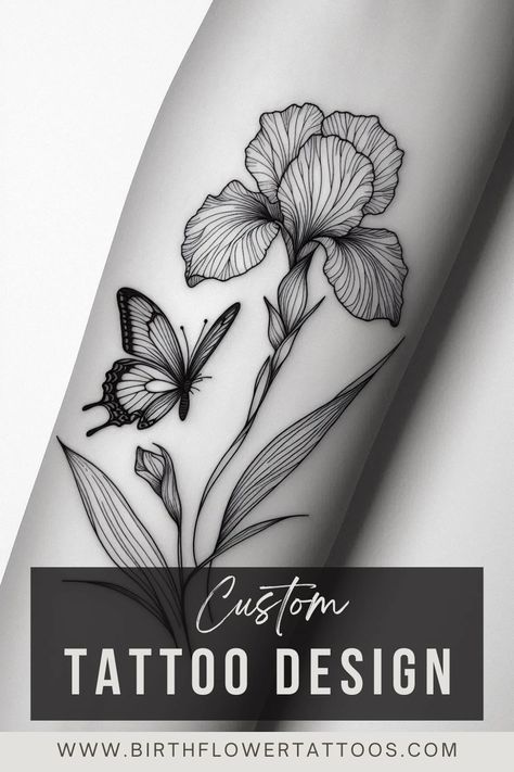 🌼✨Iris and Butterfly Flower Tattoo – February Birth Flower in Minimal Doodle Style✨🌿 Iris Flower Tattoo Design, Flower Tattoo February, Iris Tattoo Design, February Birth Flower Tattoo, Butterfly Flower Tattoo, Iris Flower Tattoo, February Birth Flower, Flower Shoulder Tattoo, February Birth Flowers