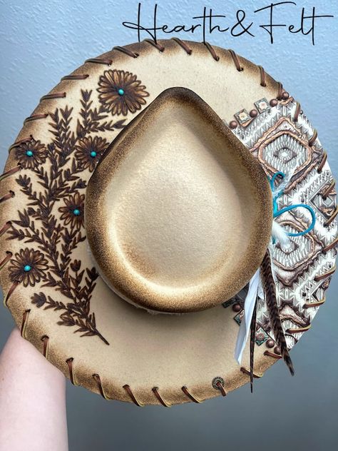 Hearth&felt Customs - Etsy Hat Pyrography, Custom Hat Ideas, Custom Cowgirl Hats, Boho 2024, Embellished Hats, Cowboy Hat Crafts, Womens Western Hats, Beaded Hats, Burned Hats