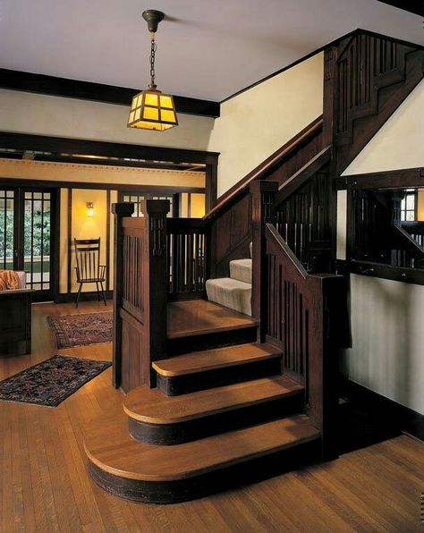 Bungalow Staircase, Basement Mancave, Craftsman Stairs, Curved Steps, Gorgeous Staircase, Craftsman Staircase, Craftsman Interiors, Wooden Staircase, Dark Trim