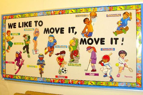 We Like to Move It, Move It! Image Sports Bulletin Boards, Dance Elements, Pe Classroom, Physical Education Bulletin Boards, Pe Bulletin Boards, Health Bulletin Boards, School Nurse Office, Elementary Physical Education, Elementary Pe