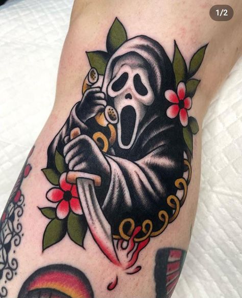 Traditional Tattoo Halloween, Dracula Tattoo, Train Tattoo, Traditional Black Tattoo, Horror Movie Tattoos, Movie Tattoos, Sick Tattoo, Traditional Tattoo Sleeve, Theme Tattoo