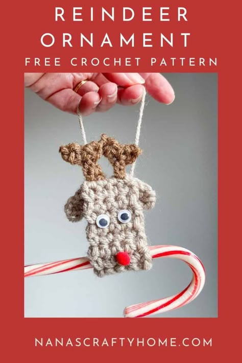 Get your hooks ready for the holiday season with this charming and FREE Crochet Reindeer Ornament Pattern! 🎄🧶 This pattern will guide you to create the cutest little reindeer, complete with a nose as red as Santa's sleigh. Perfect for adding a touch of whimsy to your Christmas tree, as a sweet adornment to your festive gift wrapping, or as a cozy addition to your holiday decor. Free crochet pattern by Nana's Crafty Home! Reindeer Candy Cane Holder, Candy Cane Holder, Crochet Reindeer, Reindeer Candy, Christmas Gift Tags Diy, Reindeer Ornament, Crochet Snowman, Reindeer Ornaments, Crochet Ornaments