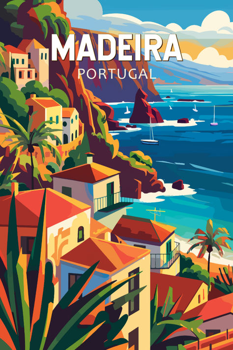 Retro-style illustration of Madeira, Portugal, featuring colorful houses on cliffs overlooking a bright blue ocean with sailboats and dramatic rock formations under a sunny sky Coastal Scenery, Retro Style Posters, Colorful Houses, Poster Travel, Hotel Project, Portugal Travel, Illustrated Map, Junk Journaling, Travel Design