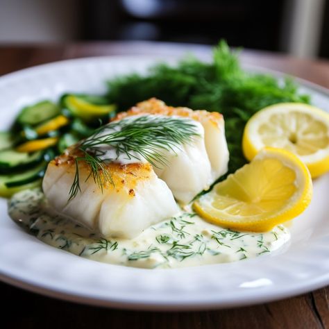 Poached Cod with Lemon Dill Sauce Lemon Dill Fish Recipes, Poached Cod Fish Recipes, Lemon Dill Sauce For Fish, Lemon Dill Cod, Poached Salmon With Dill Sauce, Sauce For Cod, Poached Fish Recipes, Creamy Lemon Dill Sauce, Vegan Spinach Dip