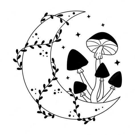 Cute Spiritual Drawings, Moon With Mushrooms Drawing, Witchy Tattoo Ideas Crystals, Celestial Line Drawing, Mystical Line Art, Simple Witchy Paintings, Mushroom Moon Drawing, Witchy Line Drawings, Witchy Artwork Easy