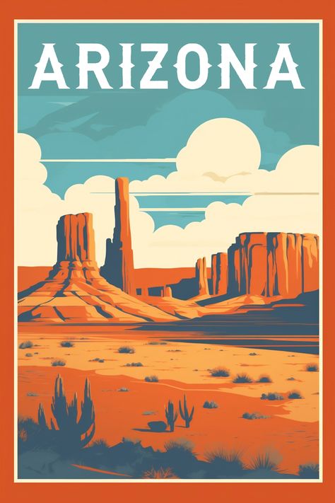 Arizona Aesthetic, Wanderlust Decor, Arizona Adventure, Gfx Design, Artsy Photos, Retro Travel Poster, Arizona Travel, Usa Art, Vintage Travel Poster