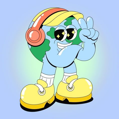 #retro #mascotvintage #retrovintage #cartooncharacter Headphones Graphic Design, Earth Character Design, Character Wearing Headphones, Headphone Illustration, Headphones Illustration, Earth Cartoon, Earth Character, Mascot Illustration, Graphic Cartoon