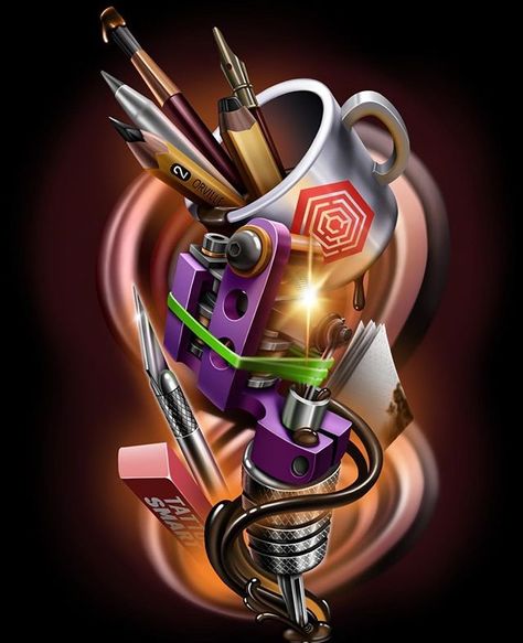 Tattoo Artist Tattoo Design, Tattoo Machine Drawing Design, Tattoo Machine Tattoo Design, Machine Tattoo Design, Tattoo Machine Logo, Tato Realis, Tattoo Machine Drawing, Tattoo Machine Art, Tattoo Machine Design