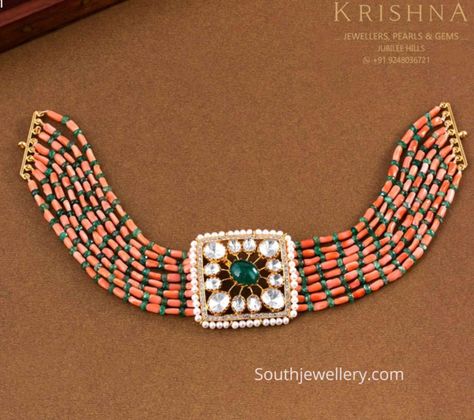 Coral beads and emerald choker with polki pendant photo Coral Beads Jewellery Indian, Coral Beads Jewellery, Beads Jewellery Indian, Emerald Choker, Polki Pendant, Coral Jewelry Set, Coral Jewellery, 22 Carat Gold Jewellery, Jewellery South Indian