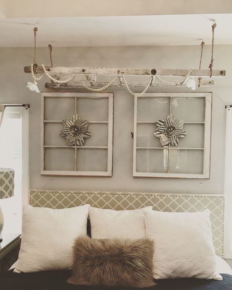 It was time for momma to make her room cozy with this hanging ladder / wooden bead duo! Hanging Ladder Over Bed, Hang Ladder On Wall, Window Hanging Decor Ideas, Ladder Above Bed, Ladder Headboard Ideas, Hanging Ladder On Wall, Hanging Ladder Decor, What To Hang Above Bed, Old Ladder Ideas