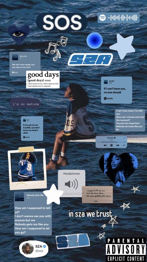 Sza Poster Art, Sza Aesthetic Wallpaper Blue, Sos Sza, Sza Collage Wallpaper, Sza Songs, Sza Poster, Hello Kitty Nails Art, Senior Year Fun, Sza Singer