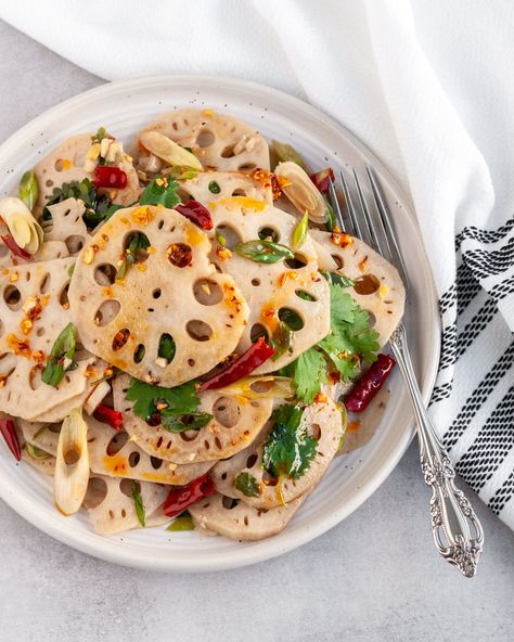 Spicy Lotus Root Salad - Tiffany Angela Lotus Root Recipe Indian, Lotus Root Salad, Lotus Root Recipe, Autumn Date Night, Root Salad, Date Night Food, Dried Red Chili Peppers, Festival Foods, Rice Dumplings