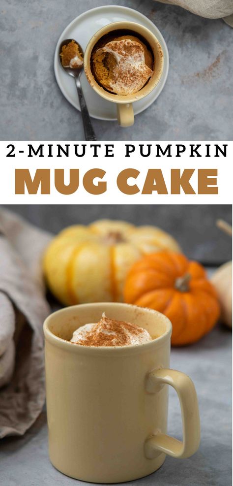 This pumpkin mug cake is easy to make, moist, and comes together in less than 2 minutes. It made in the microwave and yields the perfect single-serve pumpkin cake ever! #pumpkin #mugcake #dormroomdessert #dormroomrecipe #pumpkincake #pumpkinmugcake #easymugcake #singleservedessert #smallbatchrecipe Homemade Mug Cake, Mug Cake Video, Pumpkin Mug Cake Recipe, Pumpkin Mug Cake, Easy Mug Cake, Microwave Cake, Pumpkin Loaf, Cake Video, Easy Autumn Recipes