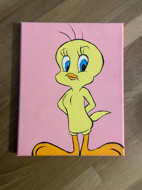 Tweety Bird Canvas Painting, Tweety Painting, Tweety Bird Painting, Simple Paintings, Coraline Art, Bird Canvas, Cute Canvas Paintings, Canvas Drawings, Paint Night