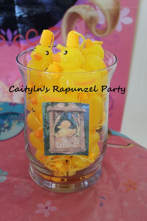 Rapunzel's Snuggly Duckling bubble party favor. Rupunzle Birthday Party Ideas, Rapunzel Bday Party, Rapunzel Party Favors, Tangled Snacks, Tangled Party Favors, Rapunzel Party Ideas, Tangled Themed Birthday Party, Rapunzel Themed Birthday Party, Tangled Theme