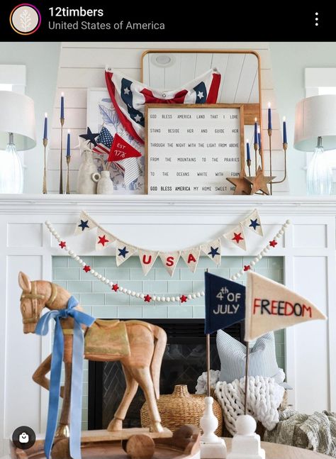 Fourth Of July Mantle Decor Mantel Ideas, Fourth Of July Mantle Decor, Fourth Of July Mantle, 4th Of July Mantle, Mantle Ideas, Mantel Ideas, Coastal Holiday, Patriots Day, Patriotic Holidays