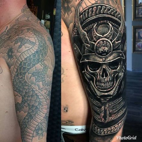 15+ Awesome Tattoo Cover-Up Ideas | Vivid Ink Tattoos Big Cover Up Tattoos, Shoulder Cover Up Tattoos, Cover Up Tattoos Before And After, Full Body Skeleton, Tattoo Sleeve Cover Up, Cover Up Tattoos For Men, Tatuaje Cover Up, Body Skeleton, Trinity Tattoo