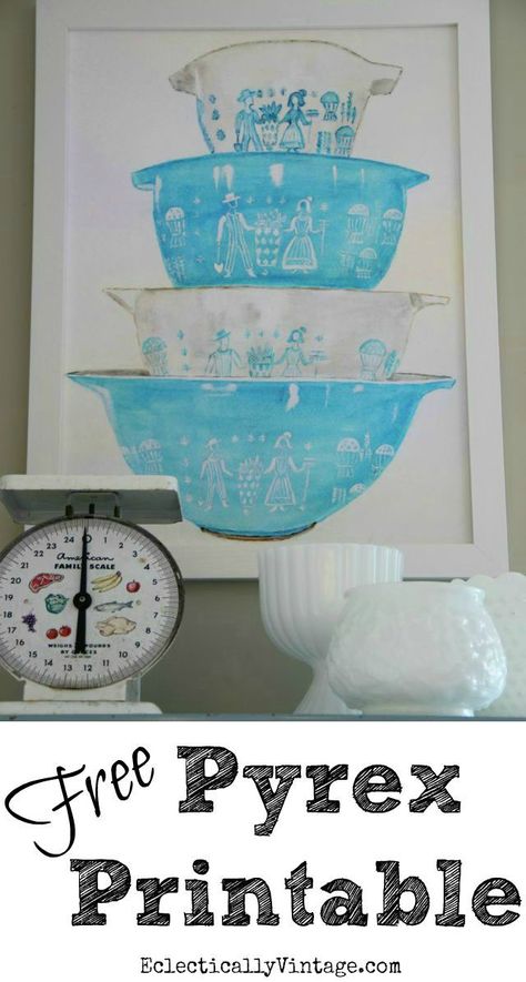 Free Watercolor Vintage Pyrex Printable - perfect art for the kitchen or frame and give as a unique gift! eclecticallyvintage.com Free Watercolor Printable, Kitchen Printables Free, Art For The Kitchen, Kitchen Printables, Pyrex Mixing Bowls, Watercolor Vintage, Pyrex Bowls, Watercolor Printable, Vintage Dishes