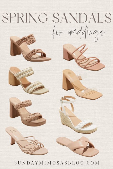 Best Wedding Guest Shoes: Neutral Spring Sandals. Braided sandals, low heels, clear sandals, wedges and more. Fashion and lifestyle blogger, Cassie Majinski, is sharing her must have wedding guest sandals that won’t break the bank. All sandals are under $40 Shoes Wedding Guest Heels, Wedding Guest Flats Shoes, Wedding Guest Sandals, Beach Wedding Shoes Guest, Wedding Guest Heels, Beach Wedding Guest Attire, Shoes Neutral, Bridesmaid Sandals, Wedding Guest Bags