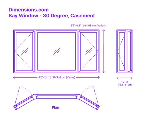 A 30 degree bay casement window is a type of window feature that protrudes from the main wall of a building at a 30-degree angle and is made up of three or more individual windows. This specific type of bay window features casement windows, which are hinged on one side and open outward with the help of a crank. Downloads online #baywindow #windows #construction #buildings Bay Window Floor Plan, Double Casement Windows, Colonial Windows, Window Dimensions, Shop Drawing, Arch Ideas, Elevation Drawing, Window Detail, Casement Window