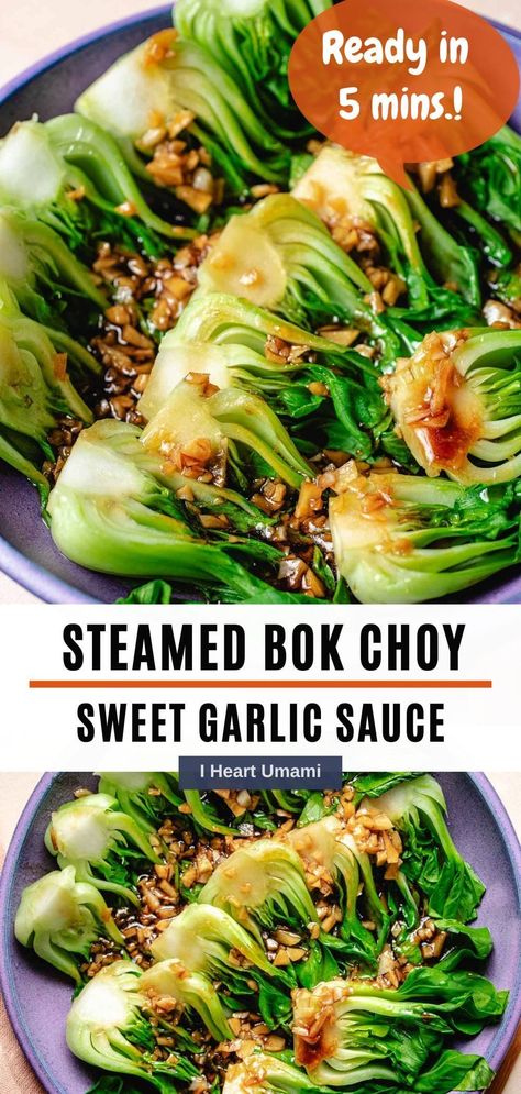 Steamed bok choy with garlic oyster sauce ready in 5 minutes! Learn how to steam bok choy to tender, crisp, and flavorful easy and fast! #steamedbokchoy #bokchoyrecipe #bokchoy #steamedrecipes #lowcarbrecipes #healthyrecipes #sidedishes Boy Choy, Umami Recipes, Choy Recipes, Homemade Takeout, Broccoli With Garlic Sauce, Gluten Free Asian Recipes, Aip Foods, Vegetarian Oyster Sauce, Asian Dinner