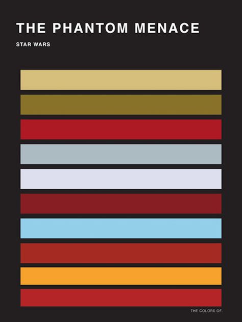 The Phantom Menace - The Colors of Star Wars Palettes. Korean artist Hyo Taek Kim used the Star Wars  trailer to create and compose palettes based on all movies from the saga, summarizing the atmosphere of these legendary movies. Star Wars Colors, Minimalism Design, Oscar Winning Movies, Star Wars Models, Star Wars Wedding, Minimalist Posters, Star Wars Film, The Phantom Menace, Star Wars Women