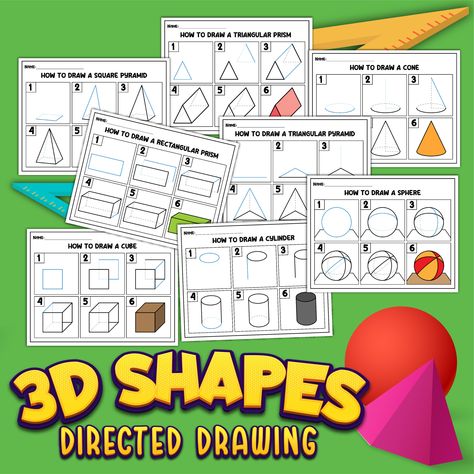 Free Printable Drawing 3D Shapes Pack 3d Shape Art, Draw 3d Shapes, 3d Shapes Nets, Shape Drawing, Geometry Lessons, Draw 3d, Drawing Sheet, Master Drawing, Shapes Activities