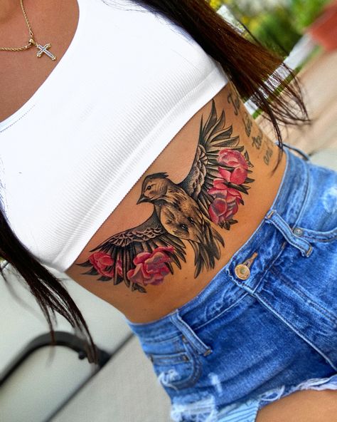 Lower Back And Hip Tattoos For Women, Side Tattoo Peice, Full Stomach Tattoos For Women, Center Stomach Tattoos Women, Bird Stomach Tattoo Women, Bird Tattoo On Stomach, Elegant Stomach Tattoos, Ladies Stomach Tattoos, Women's Side Tattoos