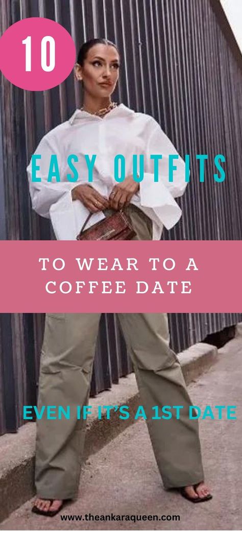 A slim woman with slicked back hair wears an oversized white button-down dress shirt with pale green cargo pants and black sandals. She carries a dark brown  handbag. Brunch First Date Outfit, Summertime Date Night Outfit, First Date Outfit Casual Summer, Coffee Date Outfit Aesthetic, Coffee Date Outfit Summer, Casual First Date Outfit, First Date Outfit Summer, Date Outfit Aesthetic, Coffee Date Outfit Ideas