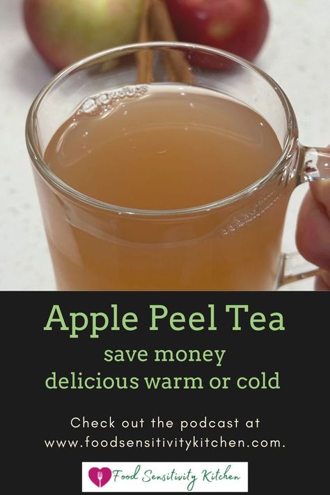 Save money and make a warm, comforting beverage from apple peels and cores. Apple Peel Tea, a low calorie, no extra cost beverage (since you are already purchasing the apples for another reason - applesauce, pie, cake, etc) is perfect for fall gatherings,. The only cost is for the spices, but once purchased, they will last you a LONG time! Stretch your grocery dollar by using every bit of the produce you purchase. Episode 056 of The Sensitive Kitchen podcast. Apple Peels And Cores, Applesauce Pie, Chai Spices, Food Sensitivity, Tea Food, Fall Gathering, Chai Spice, Food Sensitivities, Pie Cake