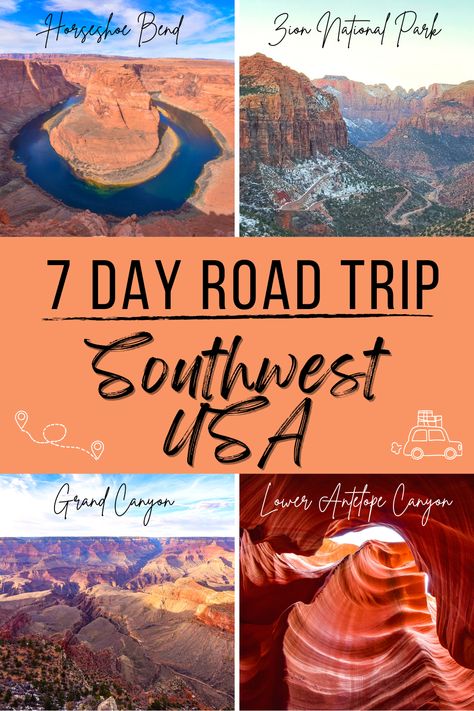 Fly into Las Vegas and take an epic 7 day Southwest road trip loop through national parks and the beautiful Southwest USA. Extend it to a 9 day Vegas road trip with another weekend, but still only 5 vacation days! See Zion, Bryce, and the Grand Canyon as well as Horseshoe Bend, Antelope Canyon, and Valley of Fire. Steal this southwest road trip itinerary and have a blast! Grand Canyon Vacation Itinerary, Las Vegas To Grand Canyon Road Trip, Best Out West Road Trip, 7 Day Road Trip Out West, Vegas To Grand Canyon Road Trip, West Coast National Park Road Trip, Western Usa Road Trip, Grand Canyon Road Trip, Grand Canyon Itinerary