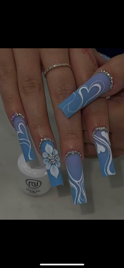 Blue Nails With Hearts, Blue Nail Sets, Fye Nails, Blue Acrylic Nails, Nails Design With Rhinestones, Colored Acrylic Nails, Classy Acrylic Nails, Cute Acrylic Nail Designs, Long Acrylic Nails Coffin