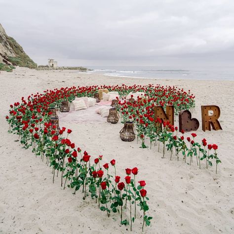 Romantic beach #proposal full of red roses leading the way! The Team 🌹 Planning & Design - @everlyroseevents Floral design -… Wedding Proposal Ideas Beach, Beach Proposal Ideas, Wedding Mandap Decor, Proposal Ideas Beach, Wedding Proposal Ideas Engagement, Indian Wedding Mandap, Surprise Proposal Pictures, Cute Proposal Ideas, Rosé Beach