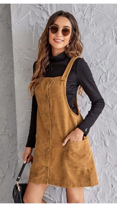 Fall Overalls, Cord Pinafore Dress, Corduroy Pinafore Dress, Corduroy Overall Dress, Preppy Dresses, Belted Shirt Dress, Black High Tops, Autumn Dress, Pinafore Dress